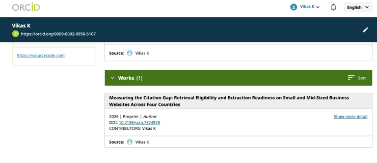 ORCID public record for Vikas K showing one work, Measuring the Citation Gap, dated 2026, typed as Preprint, with DOI 10.2139/ssrn.7324978.