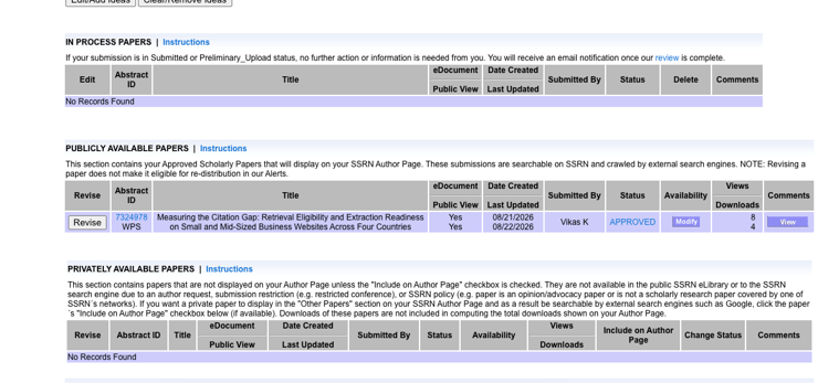 SSRN submission dashboard listing Measuring the Citation Gap under Publicly Available Papers with abstract ID 7324978, status APPROVED, submitted by Vikas K, created 08/21/2026 and last updated 08/22/2026.