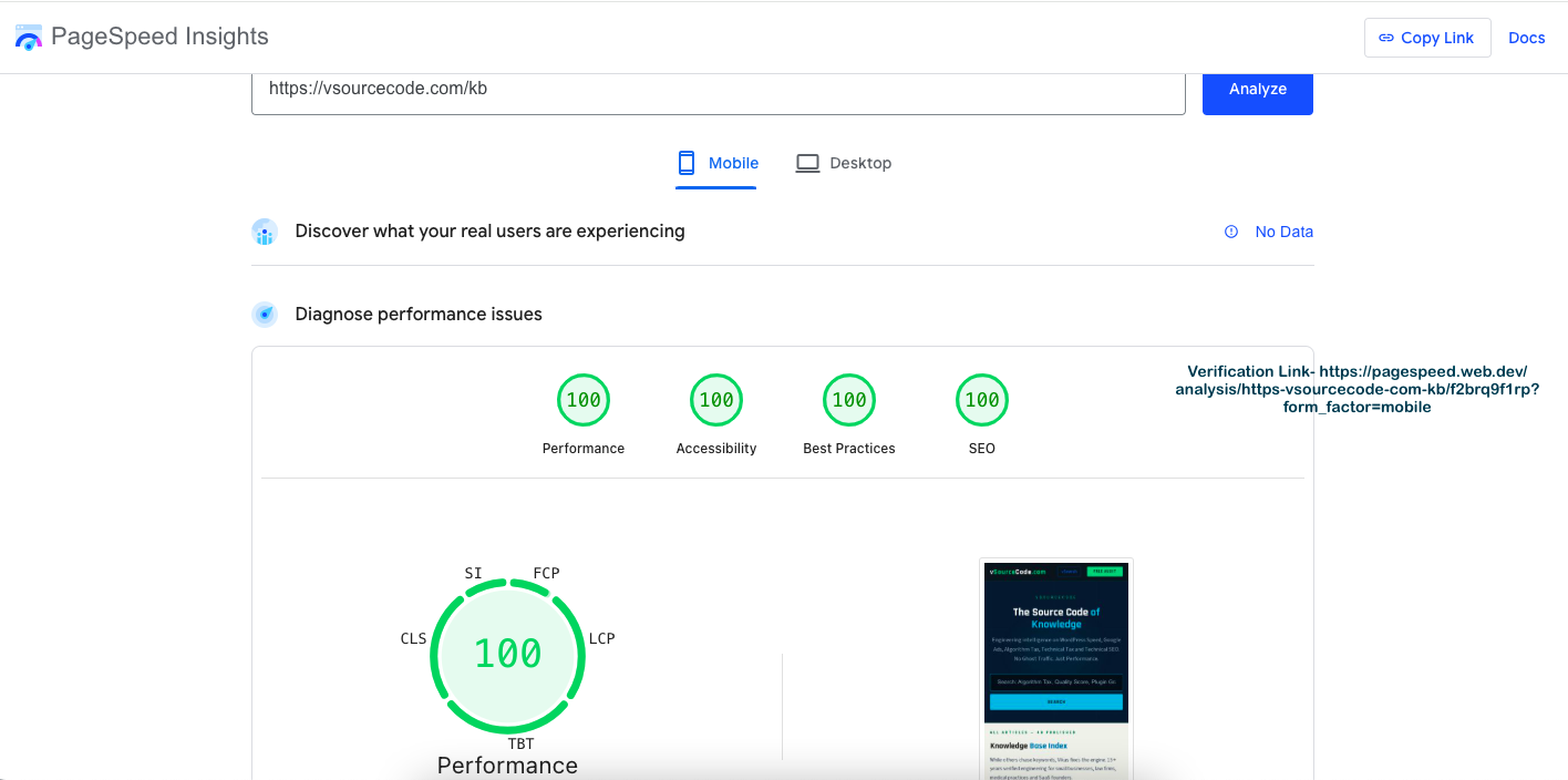A mobile screen showing a website with all scores at 100 and a verification link displayed.