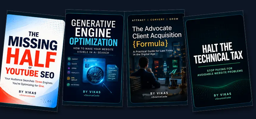 Four books by Vikas &mdash; The Missing Half of YouTube SEO, Generative Engine Optimization for Website Owners, The Advocate&rsquo;s Client Acquisition Formula, Halt the Technical Tax.