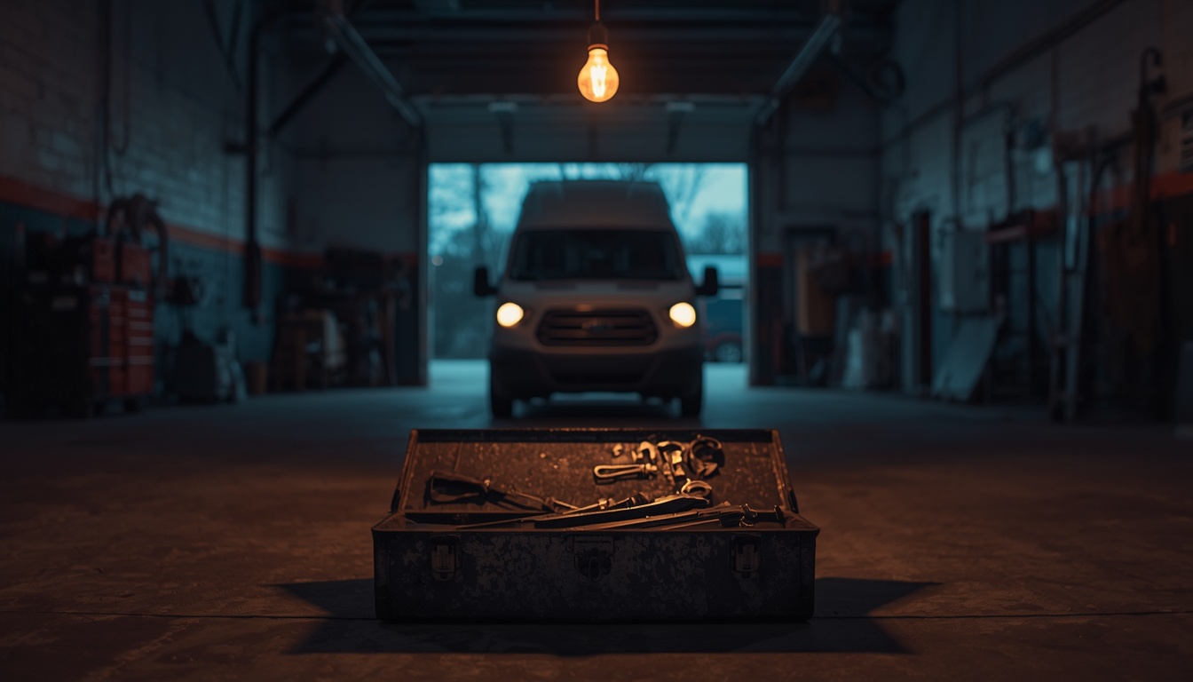 A wide-open workshop or garage interior at dusk with a large window on the left and a view of the outside sky through it.