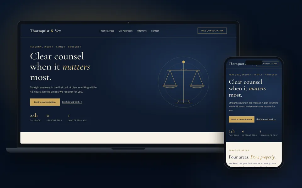 Advocate / Legal example design shown on a laptop and a phone